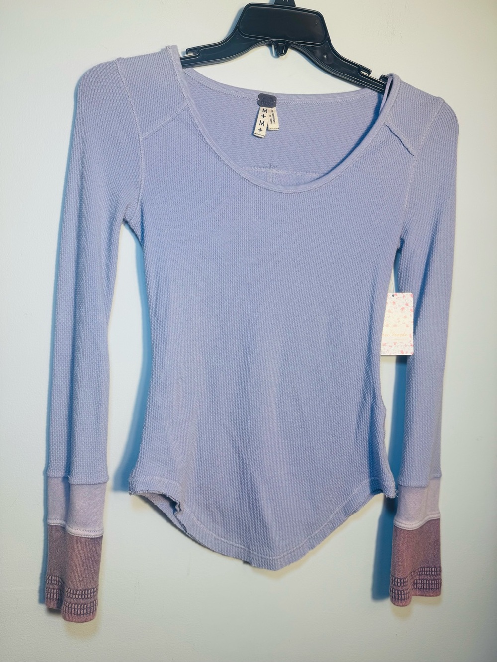 We The Free Lavender Long Sleeve Waffle Knit Top Contrast Cuffs NWT Sz Med